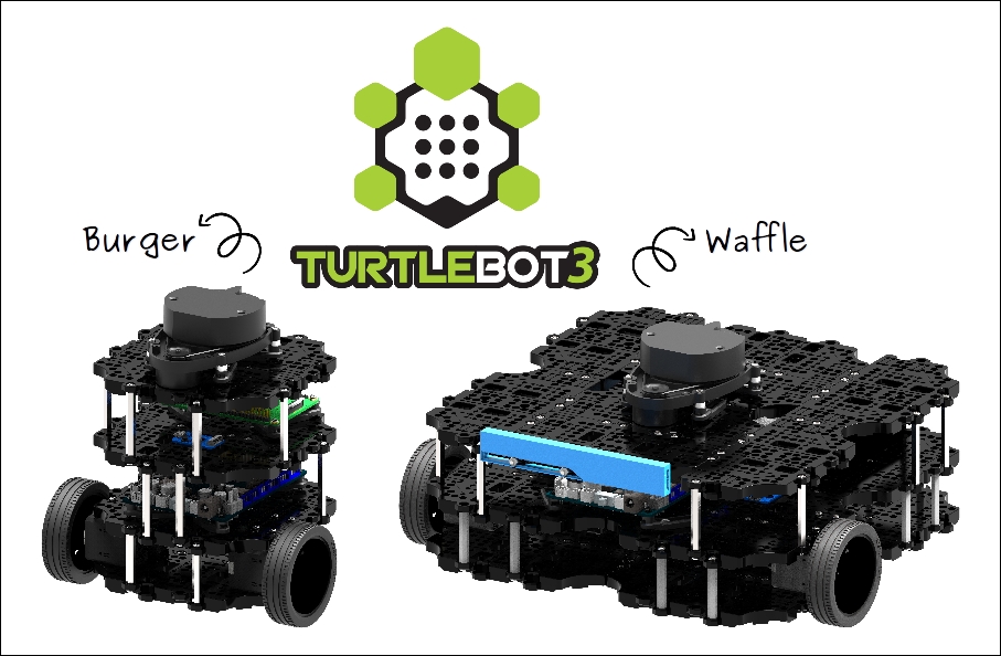 TurtleBot 3 Burger and Waffle robots side by side, each with a lidar on the top plate