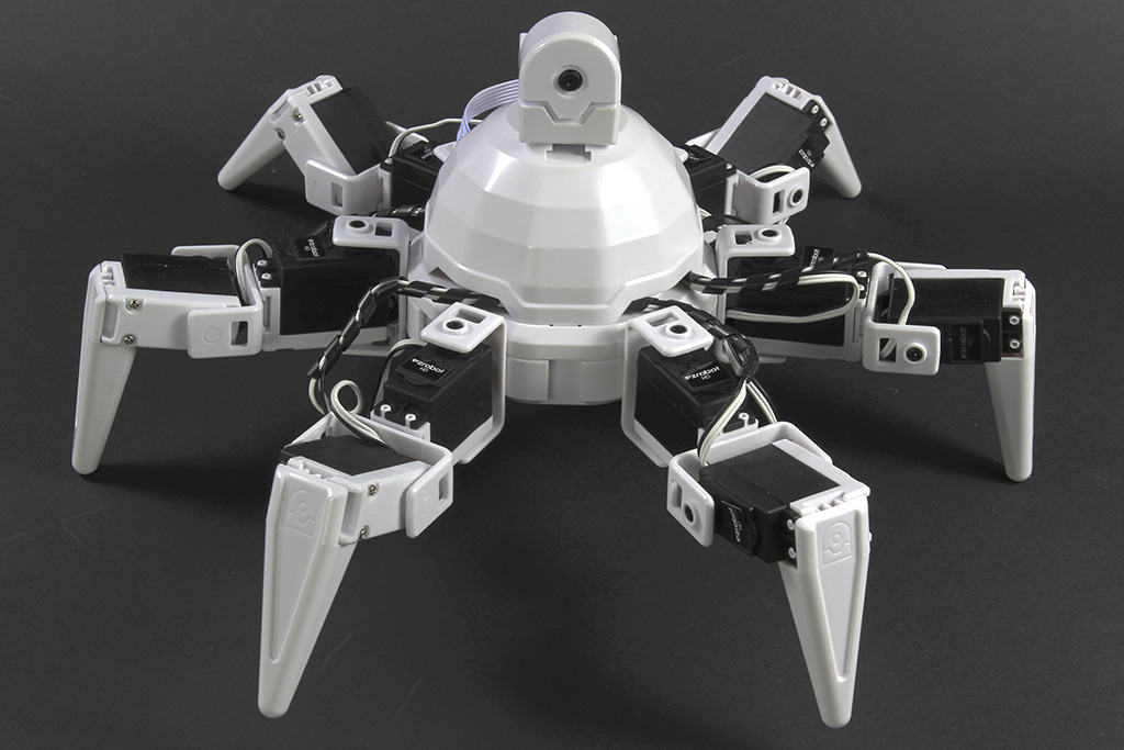 Six, the EZ-Robot hexapod with six servo-driven legs and a camera on its twelve-sided body