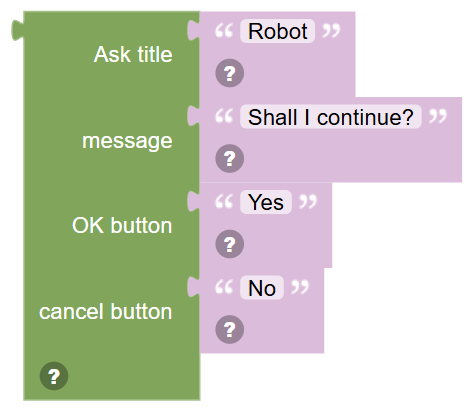The Ask title … message … OK button … cancel button … block