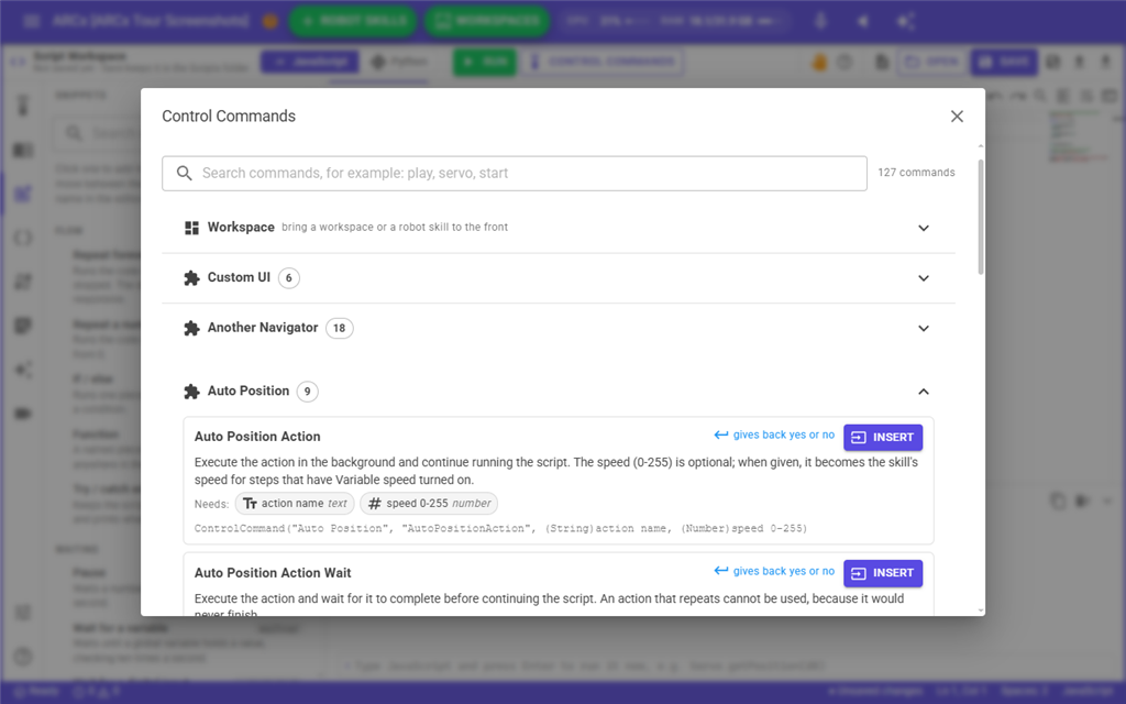 The Control Commands list