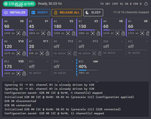 The ARCx PCA9685 Servo Driver window with sixteen channel tiles showing positions and pulse widths, and a log