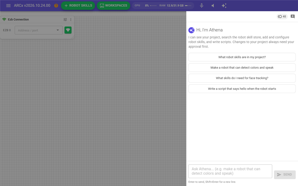 Athena's chat panel, opened from the sparkle button in the top bar, beside the workspace