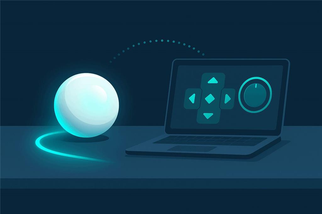 A glowing white robotic ball rolling across a table, linked to a laptop showing a simple control panel with direction buttons and a speed dial
