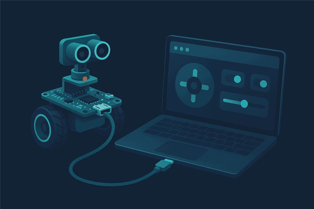 A small two-wheeled robot with a pan and tilt sensor head, its microcontroller board connected by USB to a laptop showing a browser joystick dashboard