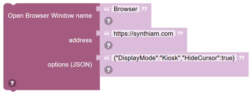 The Open Browser Window name … address … options (JSON) … block