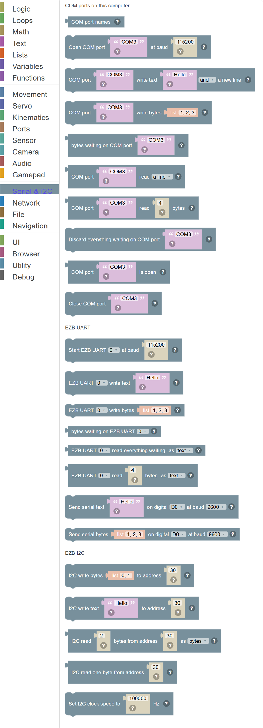 The Serial & I2C category of the toolbox