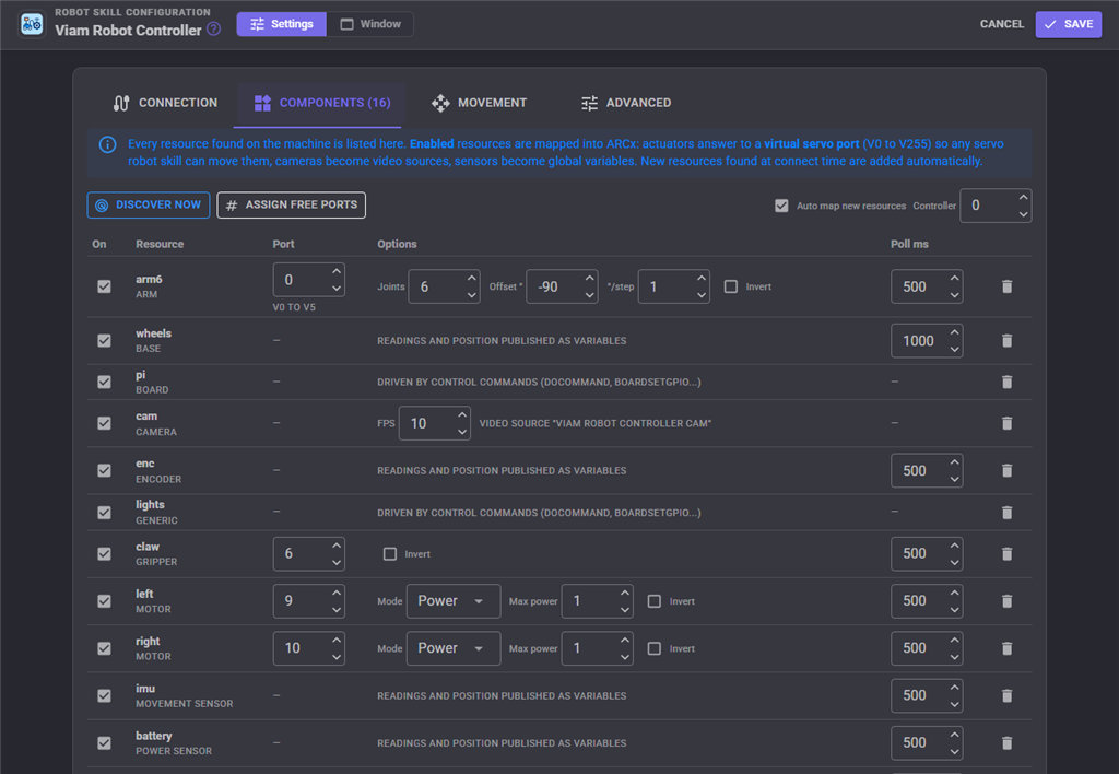 The Components tab of the Viam Robot Controller listing every discovered resource with its port and options