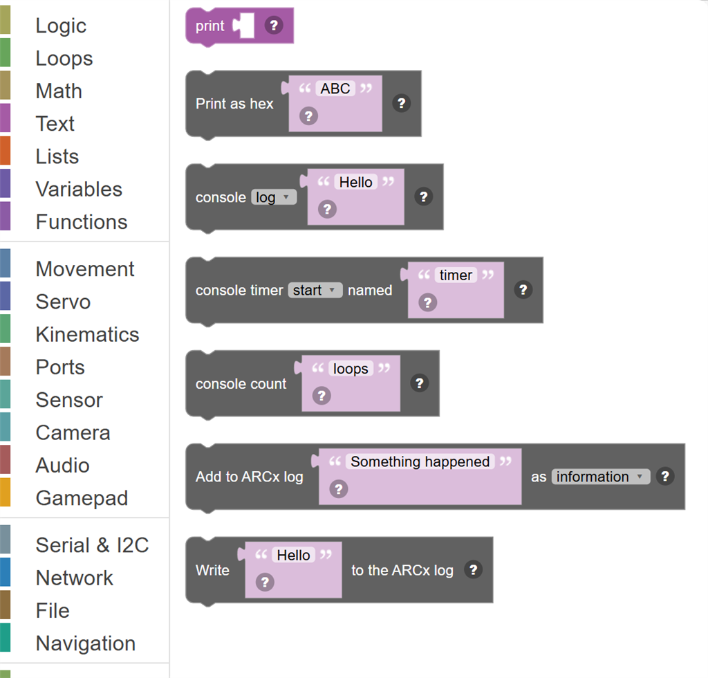 The Debug category of the toolbox