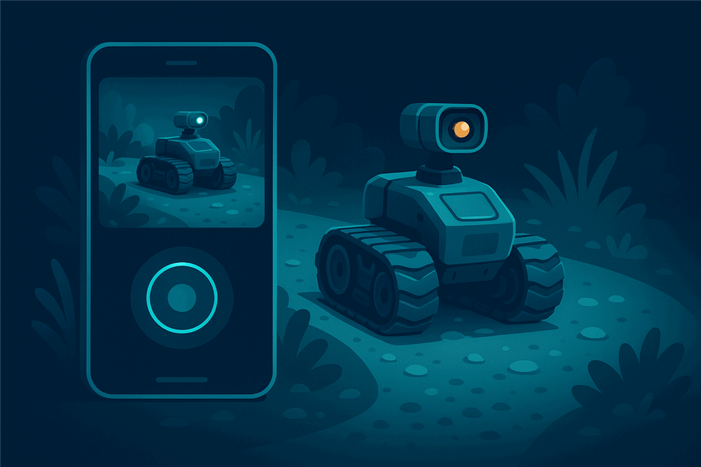A tracked rover robot with a camera rolling along a garden path while a phone shows its camera view and a joystick