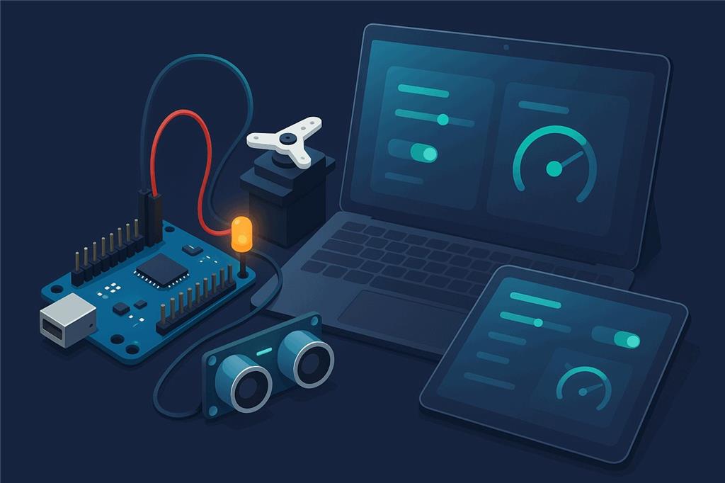 A small microcontroller board wired to a servo, an LED and an ultrasonic sensor, controlled from a browser dashboard on a laptop and a tablet