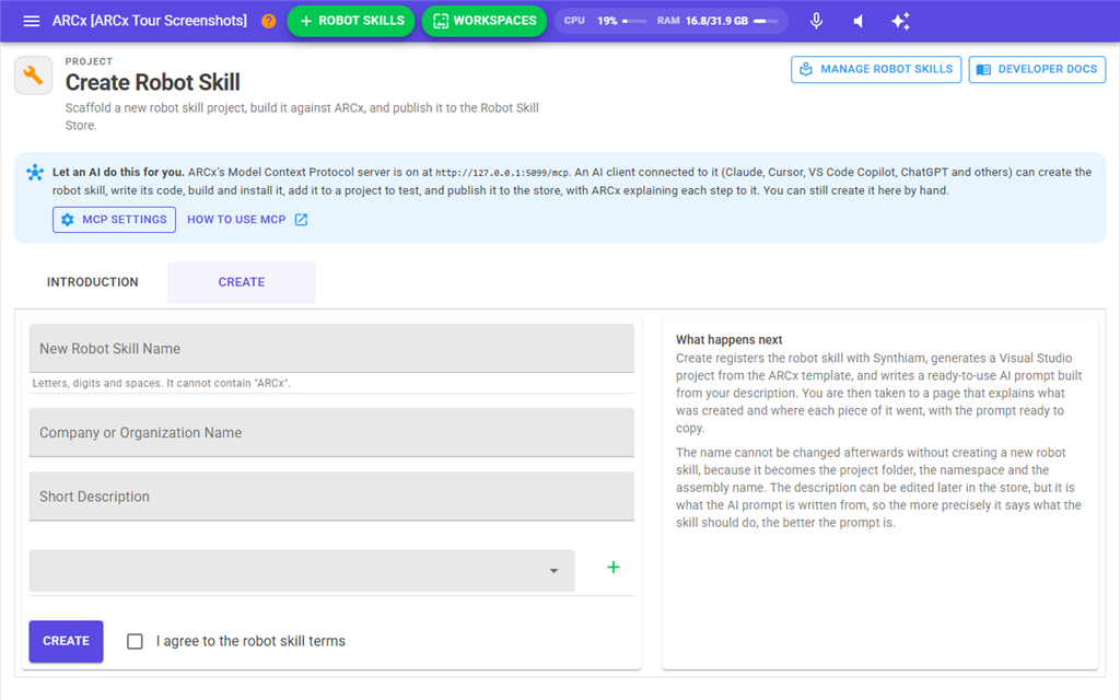 Robot Skills → Create, Create tab