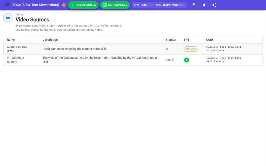 Views → Video Sources listing the cameras in a project