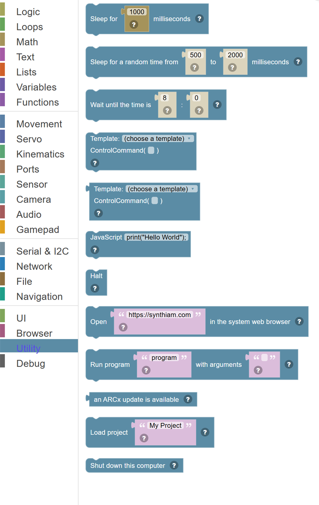The Utility category of the toolbox