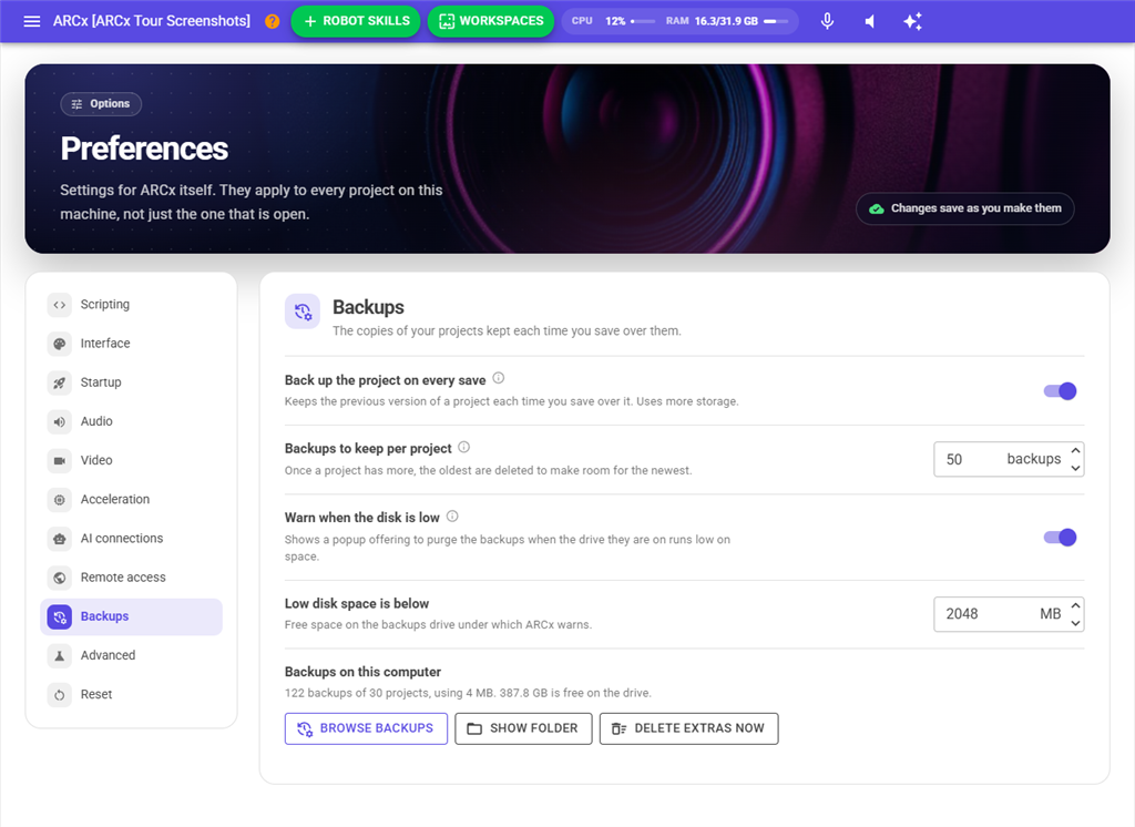Preferences, Backups