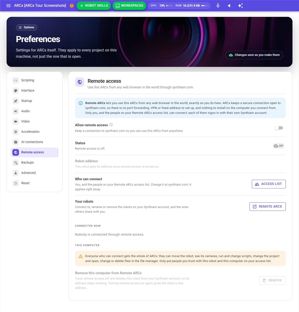 Preferences, Remote access