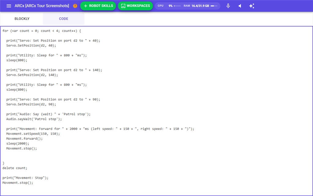 The Code tab showing the JavaScript made from the blocks