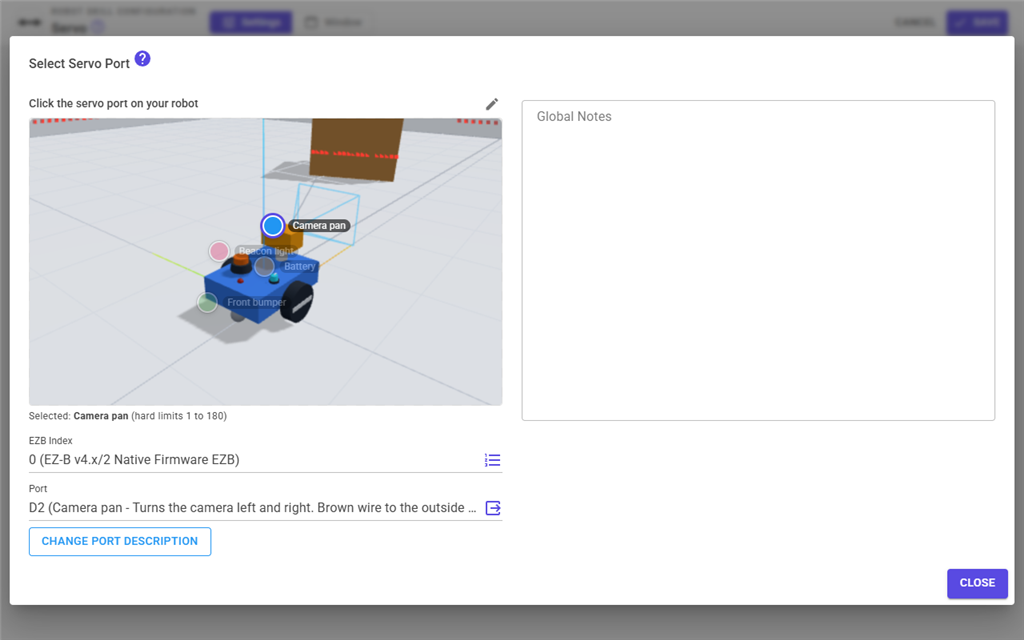 A servo port selection dialog showing the robot picture