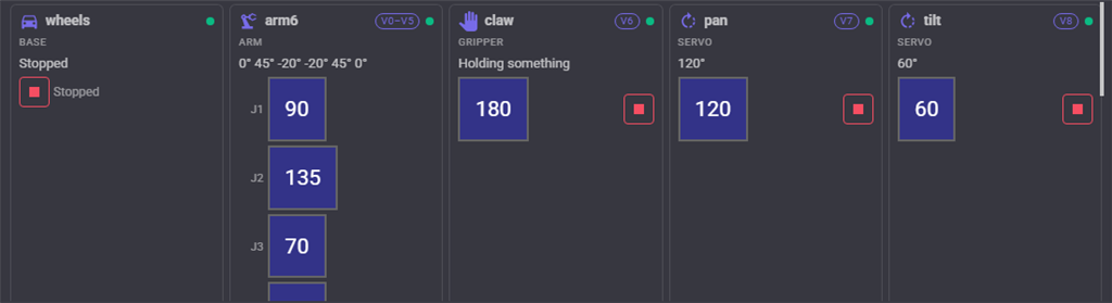 Viam resources as live cards in the skill's window: a base, an arm, a gripper and servos