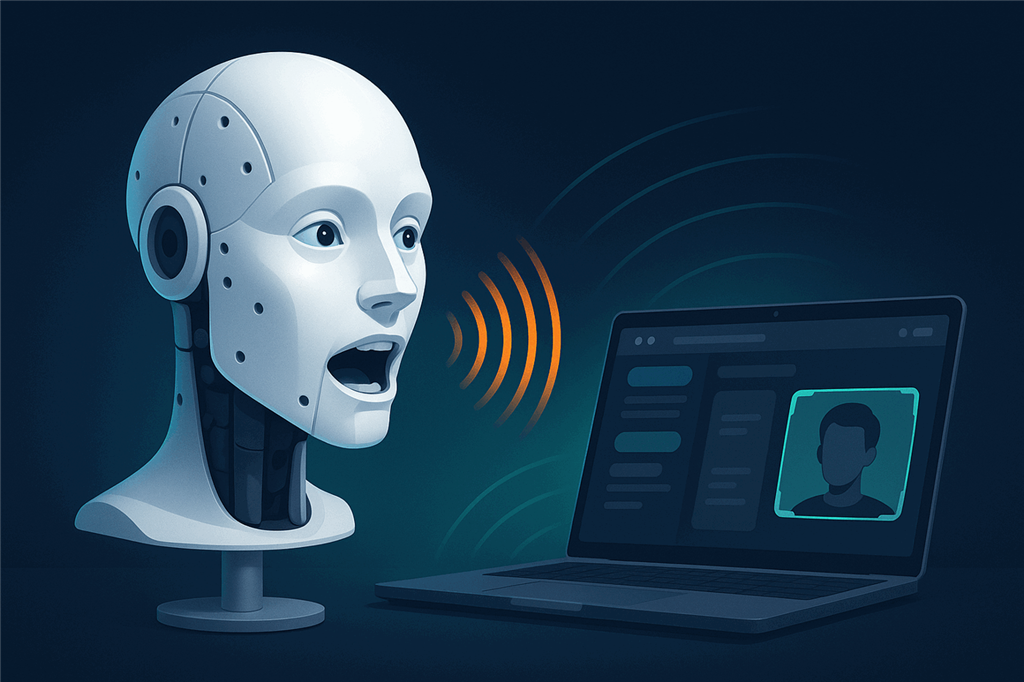 A 3D-printed humanoid robot head speaking with its jaw open beside a laptop showing a conversation panel and a face tracking camera view