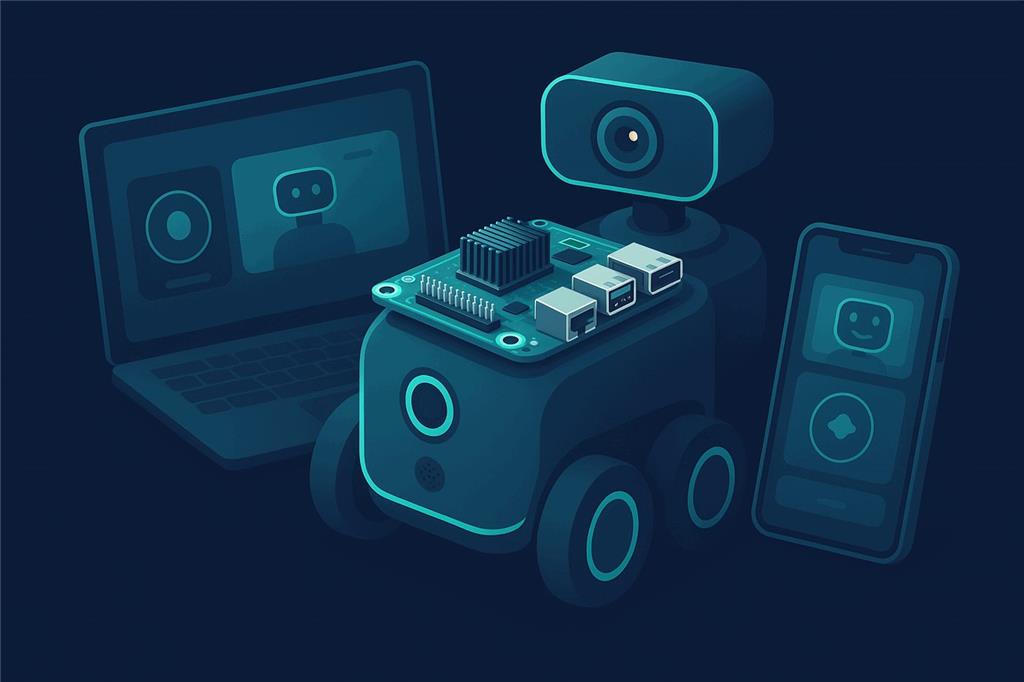A credit-card sized x86 computer with a heatsink and header pins on top of a wheeled robot with a camera, controlled from a laptop and a phone showing a browser dashboard