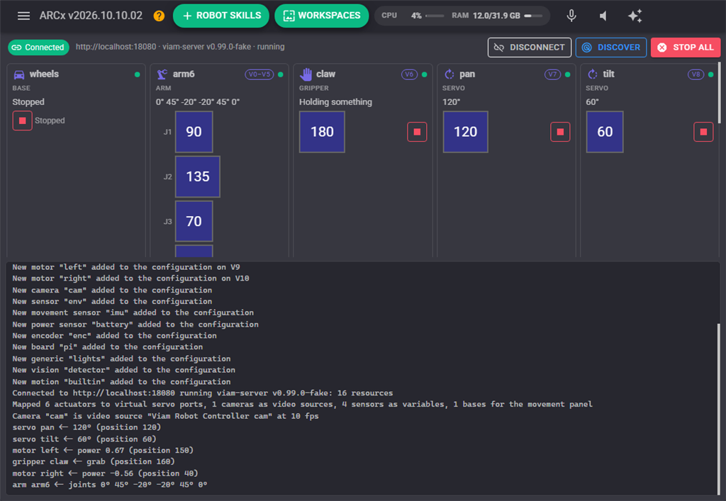 Viam Robot Controller window