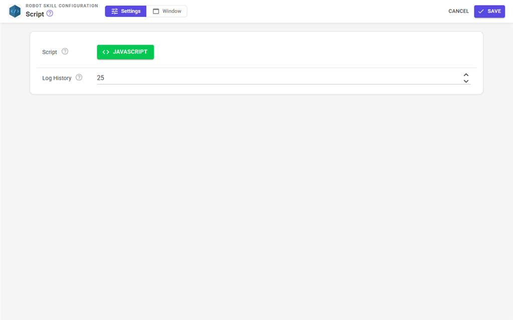 The Script robot skill's configuration with its script button