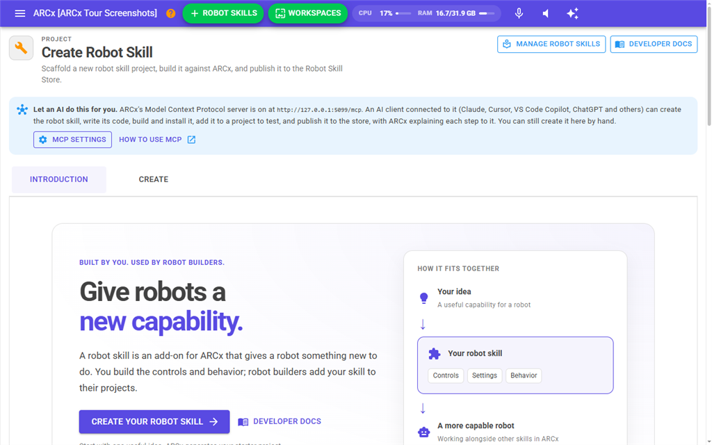 Robot Skills → Create, Introduction tab