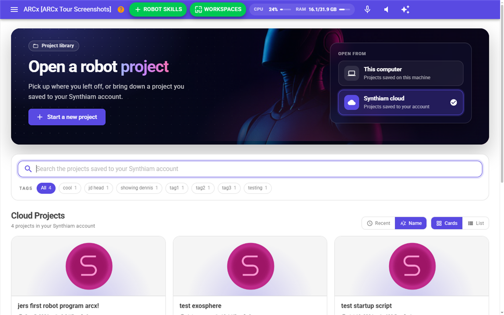 The Synthiam cloud project list