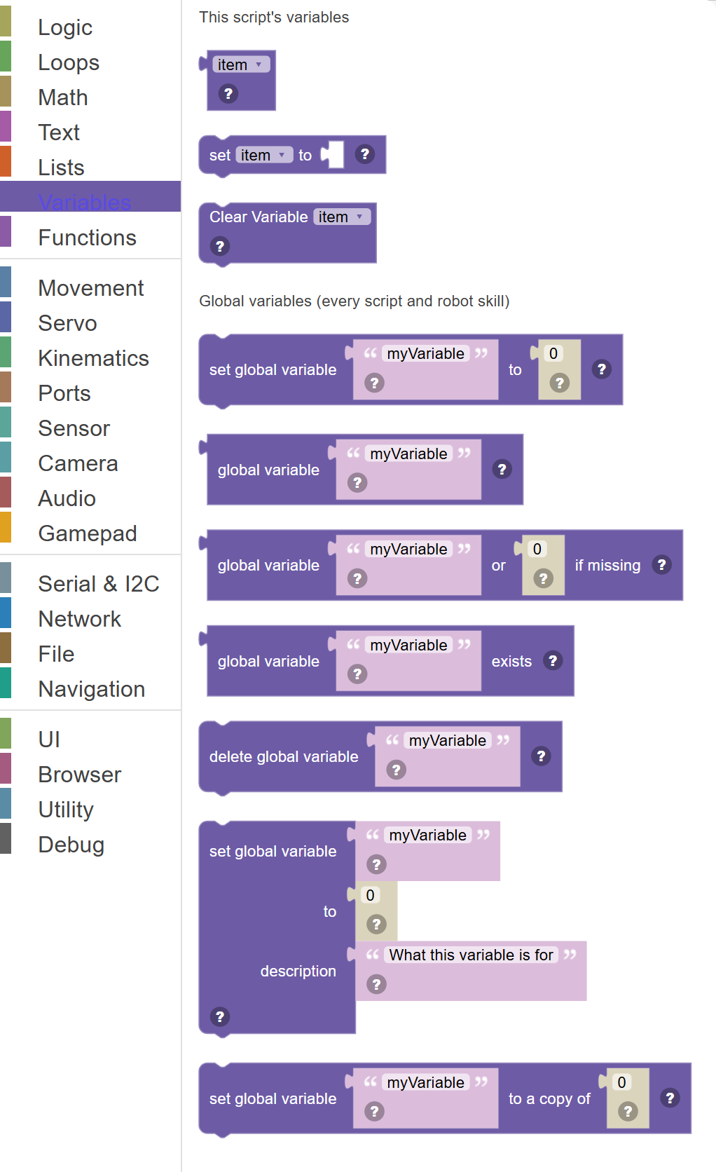 The Variables category of the toolbox