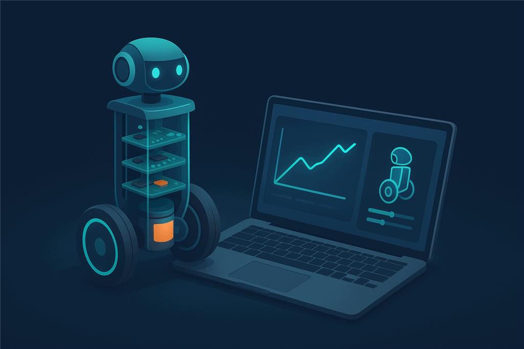 A two-wheeled self-balancing robot with stacked circuit boards standing upright beside a laptop showing a live tilt graph, a side-view gauge and tuning sliders