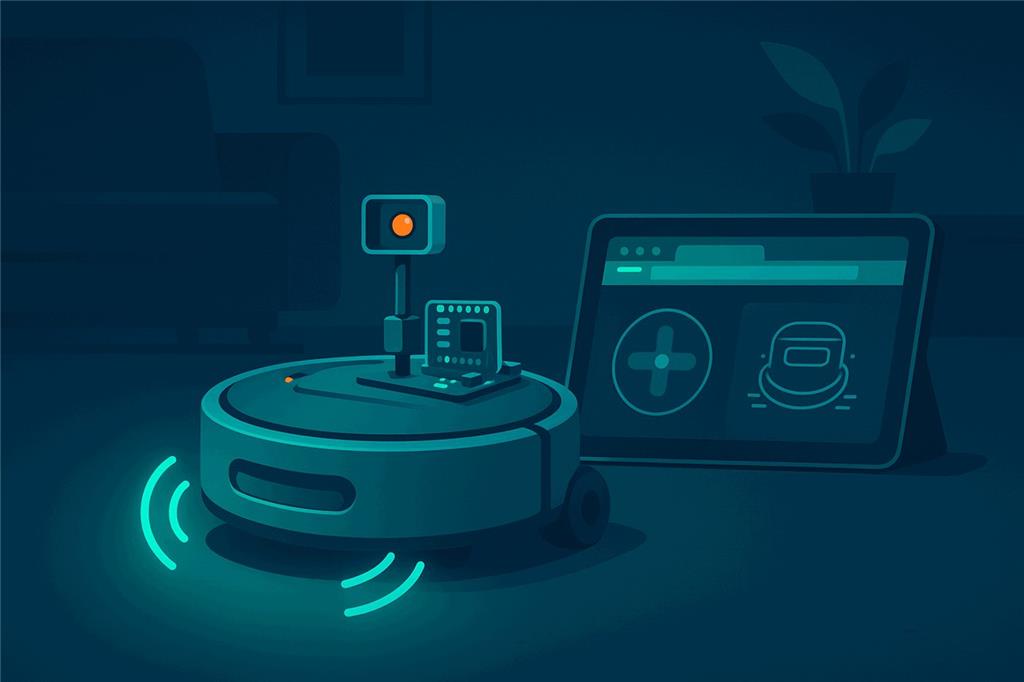 A round robot vacuum with a small camera mast and controller board on top, driven from a tablet showing a browser dashboard with a joystick and a robot status view