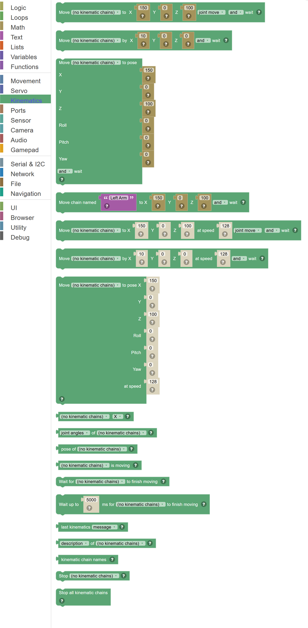 The Kinematics category of the toolbox