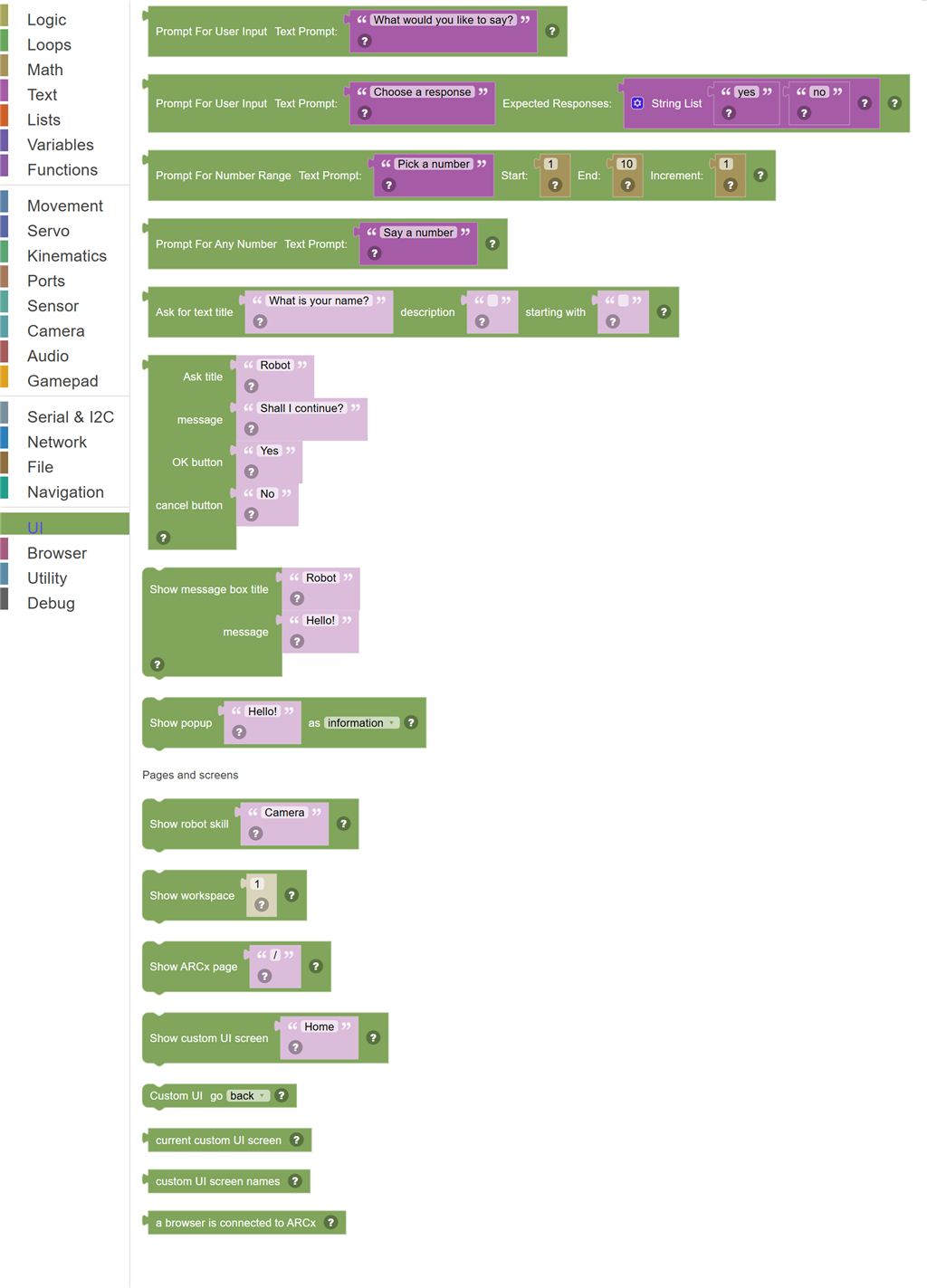 The UI category of the toolbox