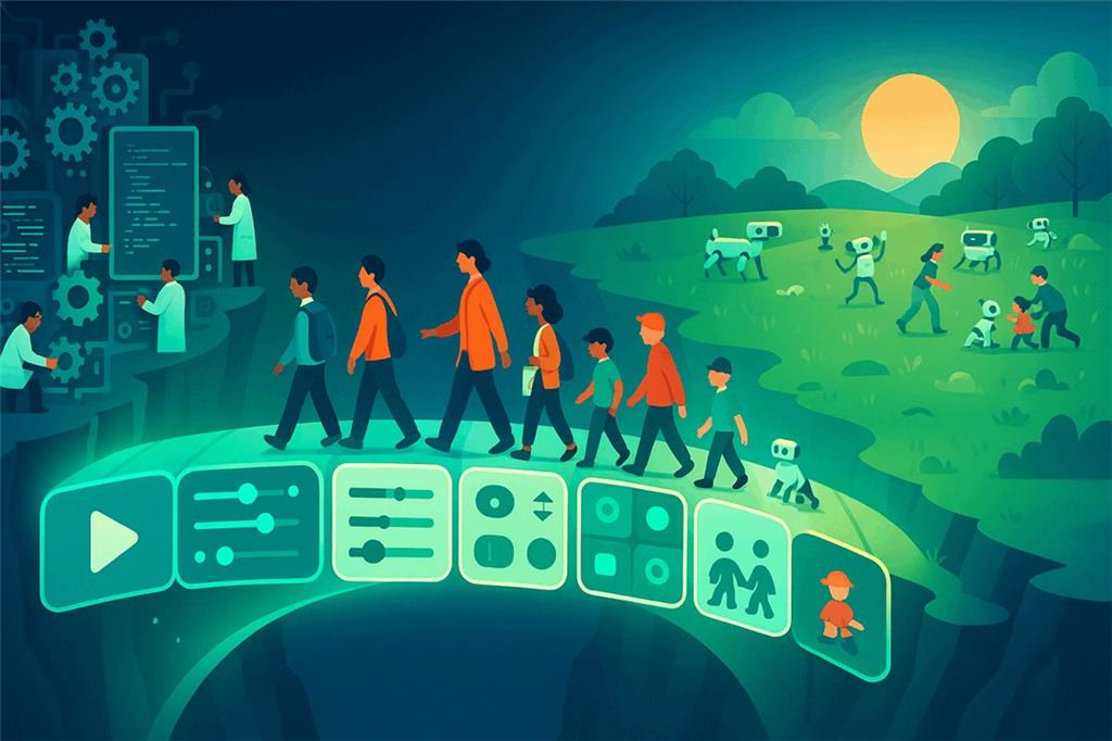 A bridge made of friendly interface tiles carrying students, teachers, makers and families from a cliff of complex machinery to a meadow full of robots