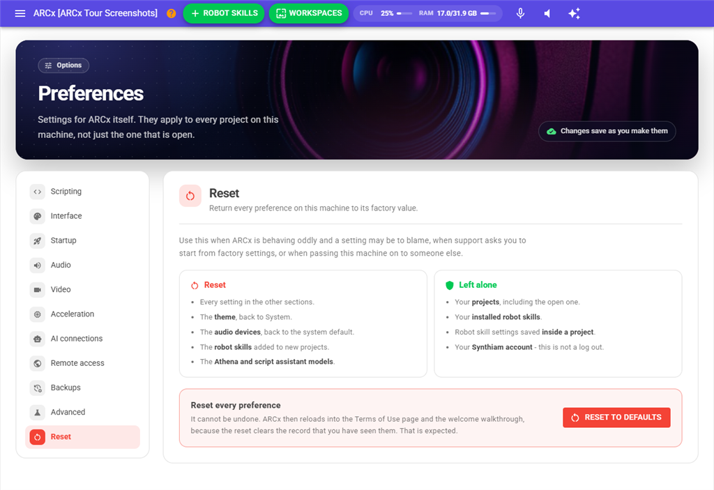Preferences, Reset