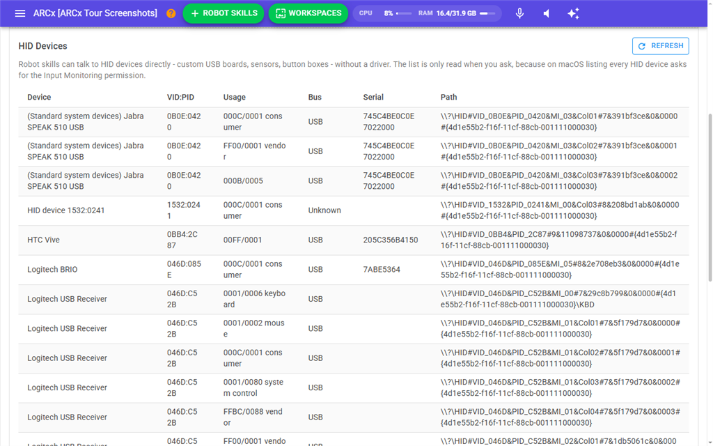 The HID device list