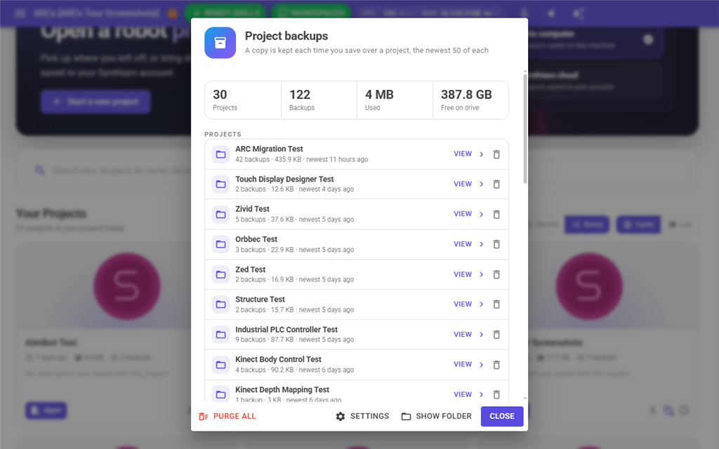 The Project backups box listing every project with backups