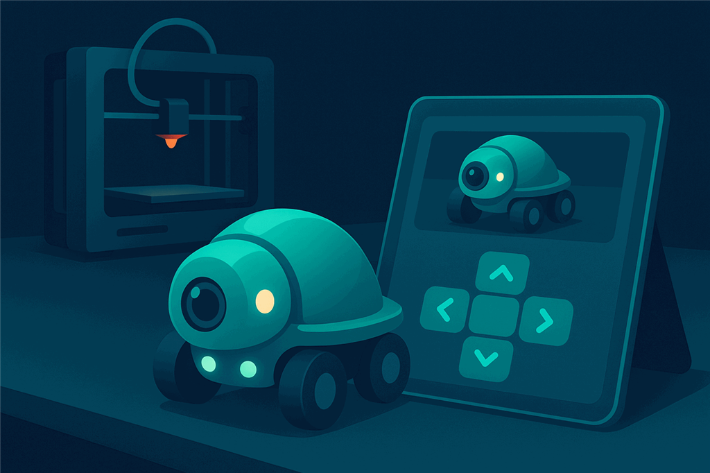 A small 3D-printed shell-shaped robot on wheels beside a 3D printer, with a tablet showing its camera view and arrow buttons