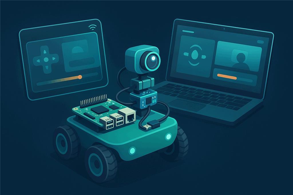A small single-board computer on the top deck of a wheeled robot, wired by USB to a microcontroller that moves a pan and tilt camera, with a tablet and laptop showing a browser dashboard that controls the robot