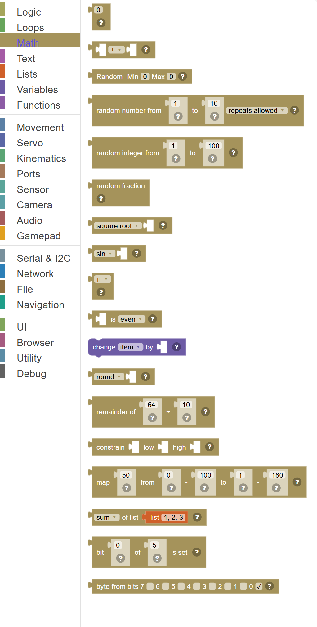 The Math category of the toolbox