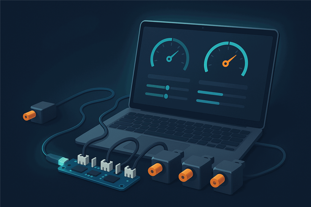 A slim blue controller board daisy-chained to a row of smart servos and connected by USB to a laptop showing a servo control dashboard
