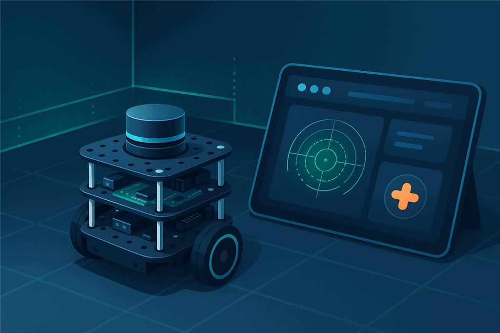 A small two-wheeled robot built from stacked black plates with a spinning lidar on top, scanning a room, beside a tablet showing a browser dashboard with a lidar radar view and a joystick