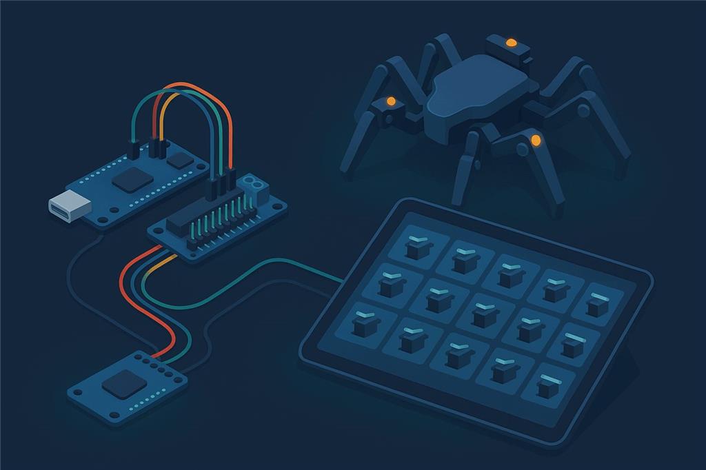 A microcontroller board wired to a small 16-channel servo driver board, driving a multi-legged walking robot, with a tablet showing a grid of servo tiles