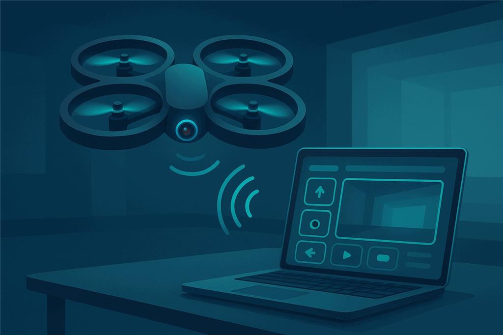 A quadcopter with a foam indoor hull hovering in a room, linked wirelessly to a laptop showing a desktop control panel with flight buttons and a camera window