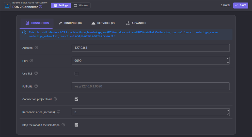 The Connection tab of the ROS 2 Connector with address, port and auto connect settings