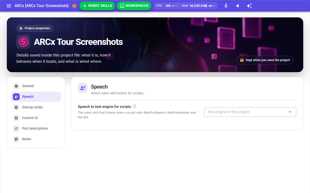 Project properties, Speech