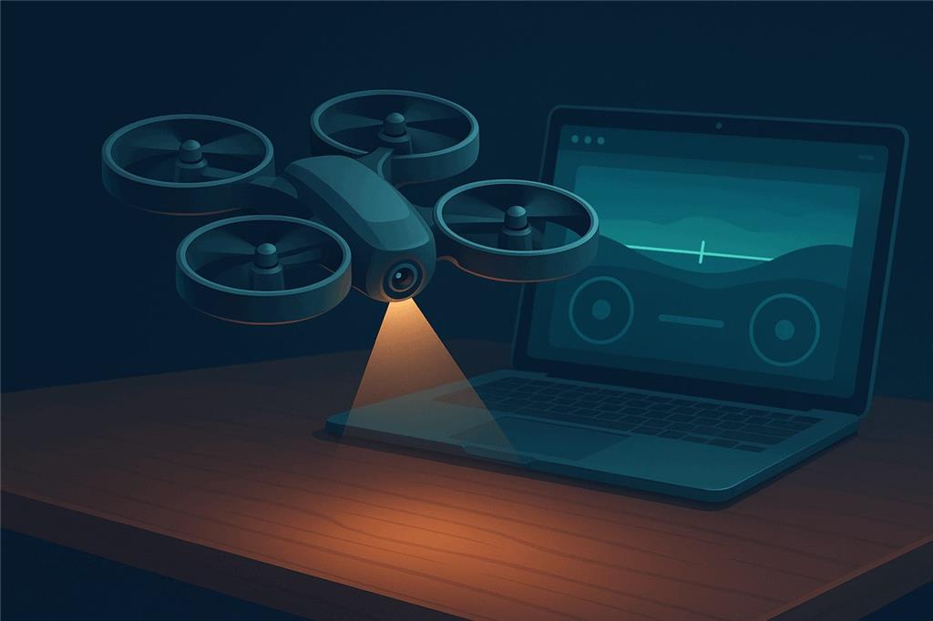 A small quadcopter drone with prop guards hovering beside a laptop showing a browser dashboard with the drone's camera view, a flight horizon and two on-screen joysticks