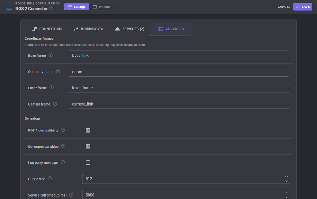 The Advanced tab of the ARCx ROS Connector with ROS 1 compatibility switched on