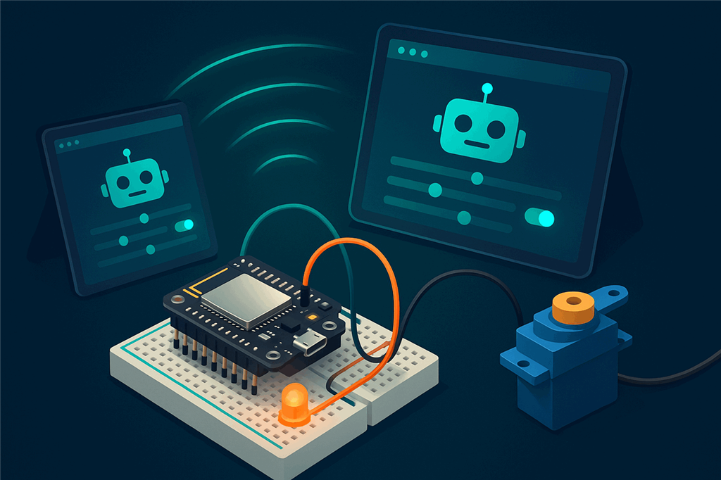A small ESP32 development board on a breadboard with an LED and a hobby servo, sending Wi-Fi signals to a laptop and tablet showing a robot control dashboard