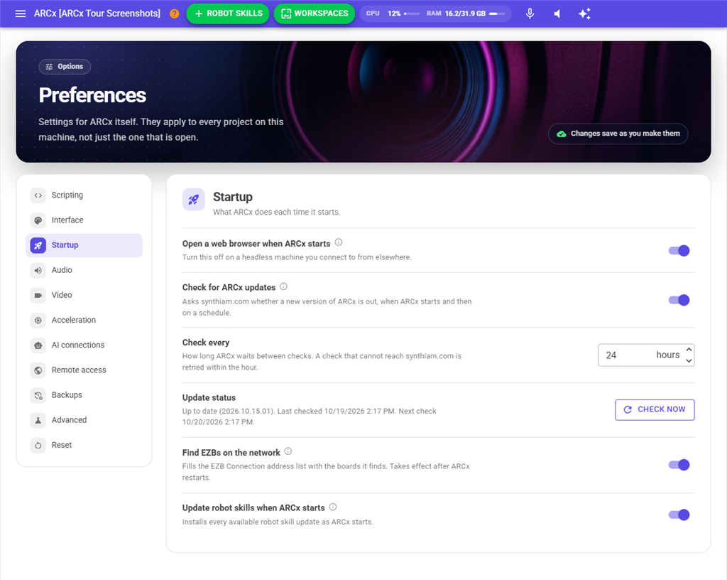 Preferences, Startup